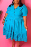 Blue Casual Solid Split Joint Buckle Turn-back Collar A Line Plus Size Dresses