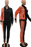 Tangerine Red Casual Print Split Joint Turndown Collar Long Sleeve Two Pieces