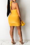 Yellow Sexy Print Hollowed Out Split Joint Backless Halter Pencil Skirt Dresses