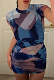 Blue Sexy Print Split Joint O Neck Pencil Skirt Dresses