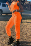 Orange Fashion Casual Solid Vests Pants U Neck Sleeveless Two Pieces