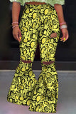 Yellow Fashion Casual Print Ripped Regular Mid-waist Trousers