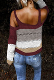 Burgundy Trim Colorblock Stripes Cold Shoulder Hollow-out Sweater