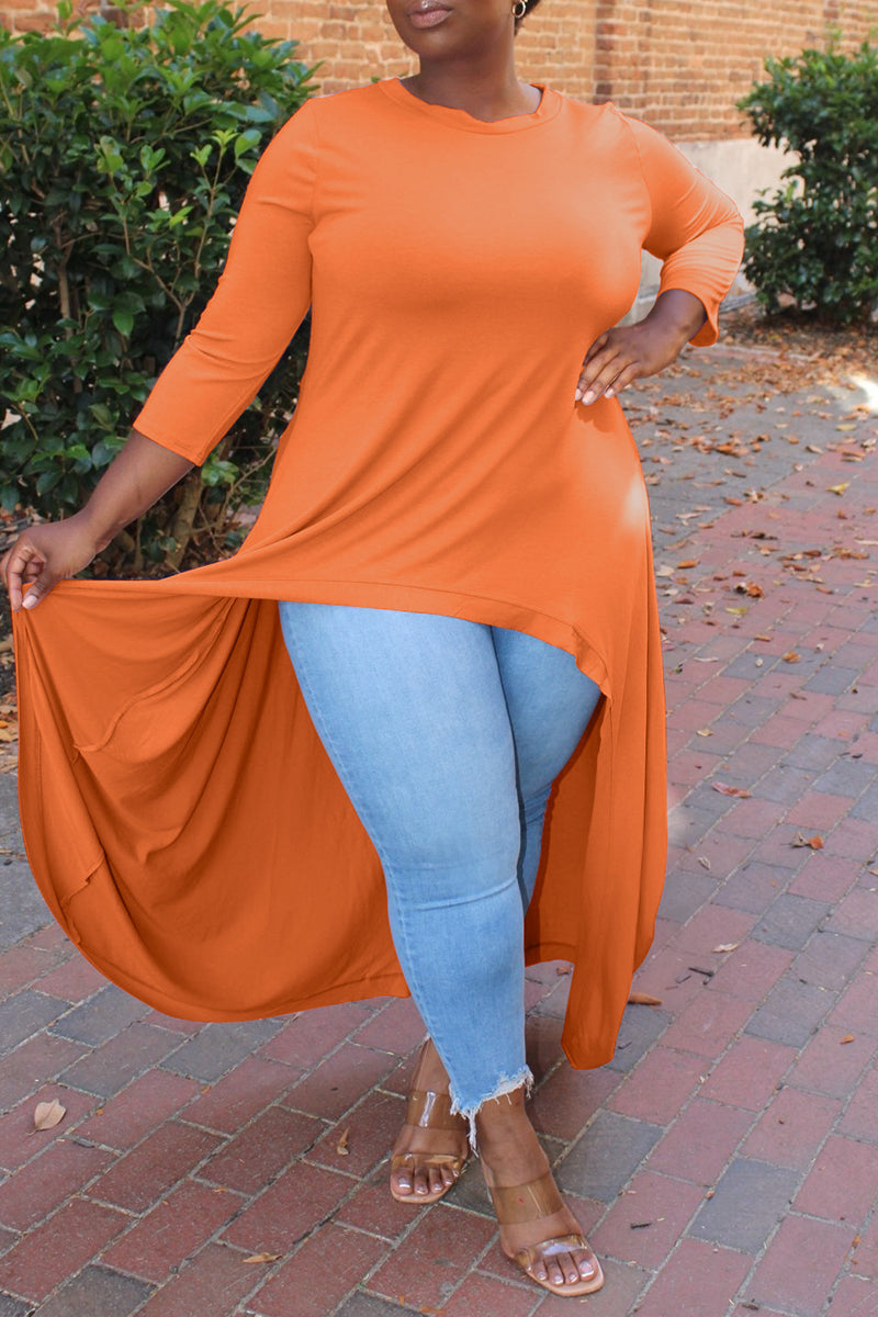 Orange Fashion Casual Solid Asymmetrical O Neck Plus Size Tops