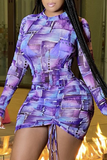 Purple Sexy Print Split Joint O Neck Pencil Skirt Dresses