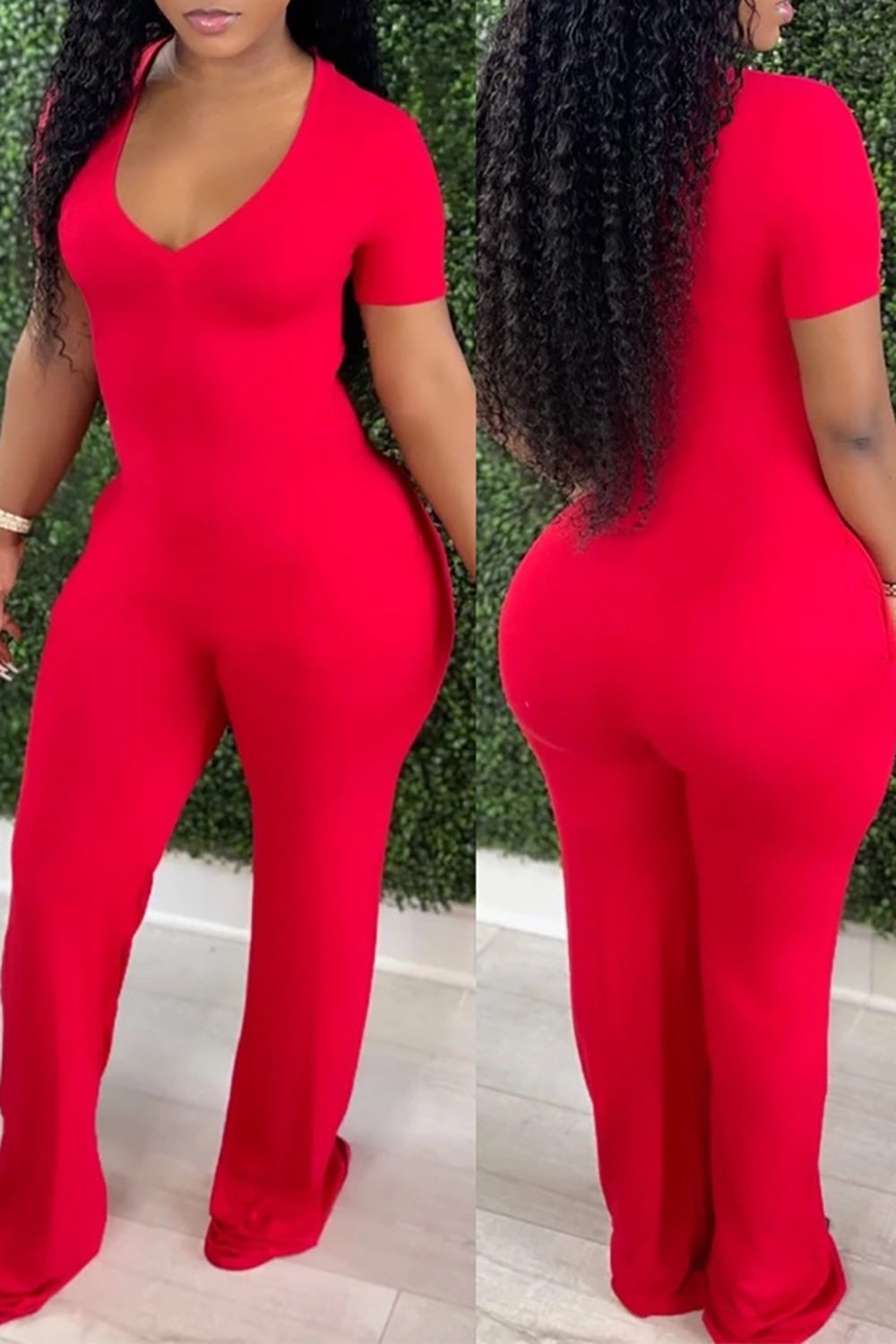 Summer ladies Rompers sexy solid color deep V-neck short-sleeved jumpsuit elastic wholesale