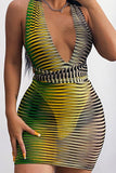 Khaki Sexy Striped Print Bandage Split Joint See-through Backless V Neck Pencil Skirt Dresses