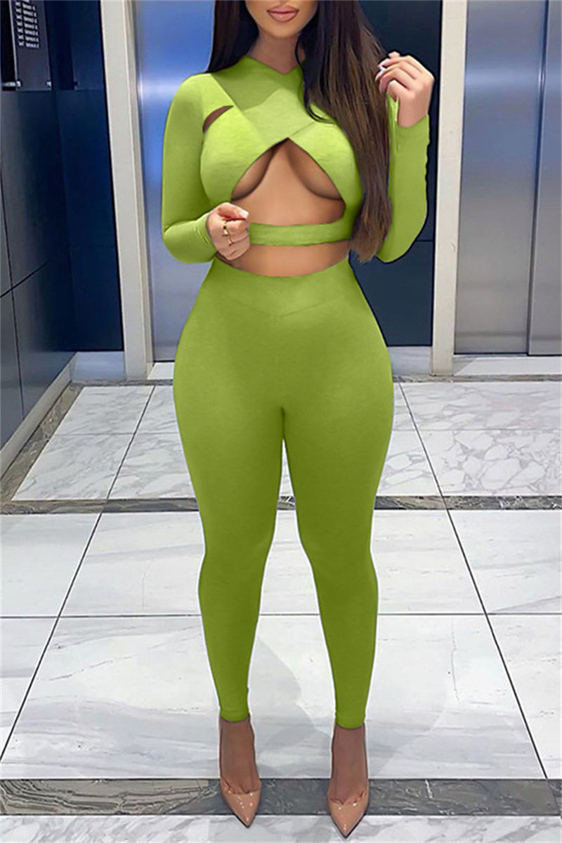 Green Fashion Sexy Solid Hollowed Out V Neck Long Sleeve Two Pieces