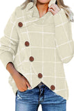 Khaki Button Wrap Turtleneck Pullover Plaid Print Knit Sweater