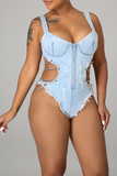 Light Blue Sexy Solid Hollowed Out Split Joint Chains Swimwears