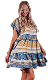 Beige Accent Color Block Bohemian Print Short Sleeve Mini Dress