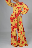 Yellow Sexy Casual Print Split Joint O Neck Loose Jumpsuits