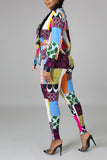 Multicolor Sexy Print Bandage Split Joint V Neck Long Sleeve Two Pieces