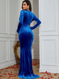 velvet plunge ruched floor length dress