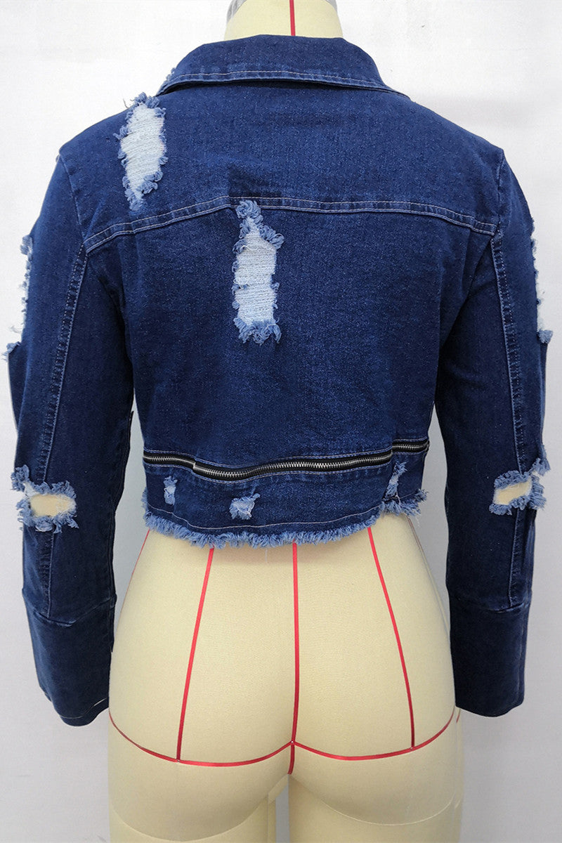 Deep Blue Fashion Casual Solid Ripped Zipper Collar Long Sleeve Regular Denim Jacket