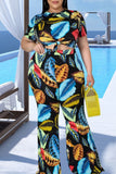 Peacock Blue Sexy Print Split Joint O Neck Plus Size Two Pieces