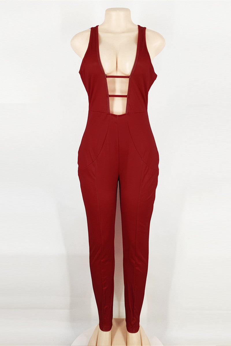 Red Fashion Sexy Solid Hollowed Out V Neck Skinny Jumpsuits