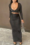 Black Sexy Solid Split Joint Fold V Neck Long Sleeve Two Pieces