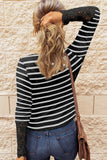 Lace Striped Splicing Hollow-out Button Long Sleeves Top