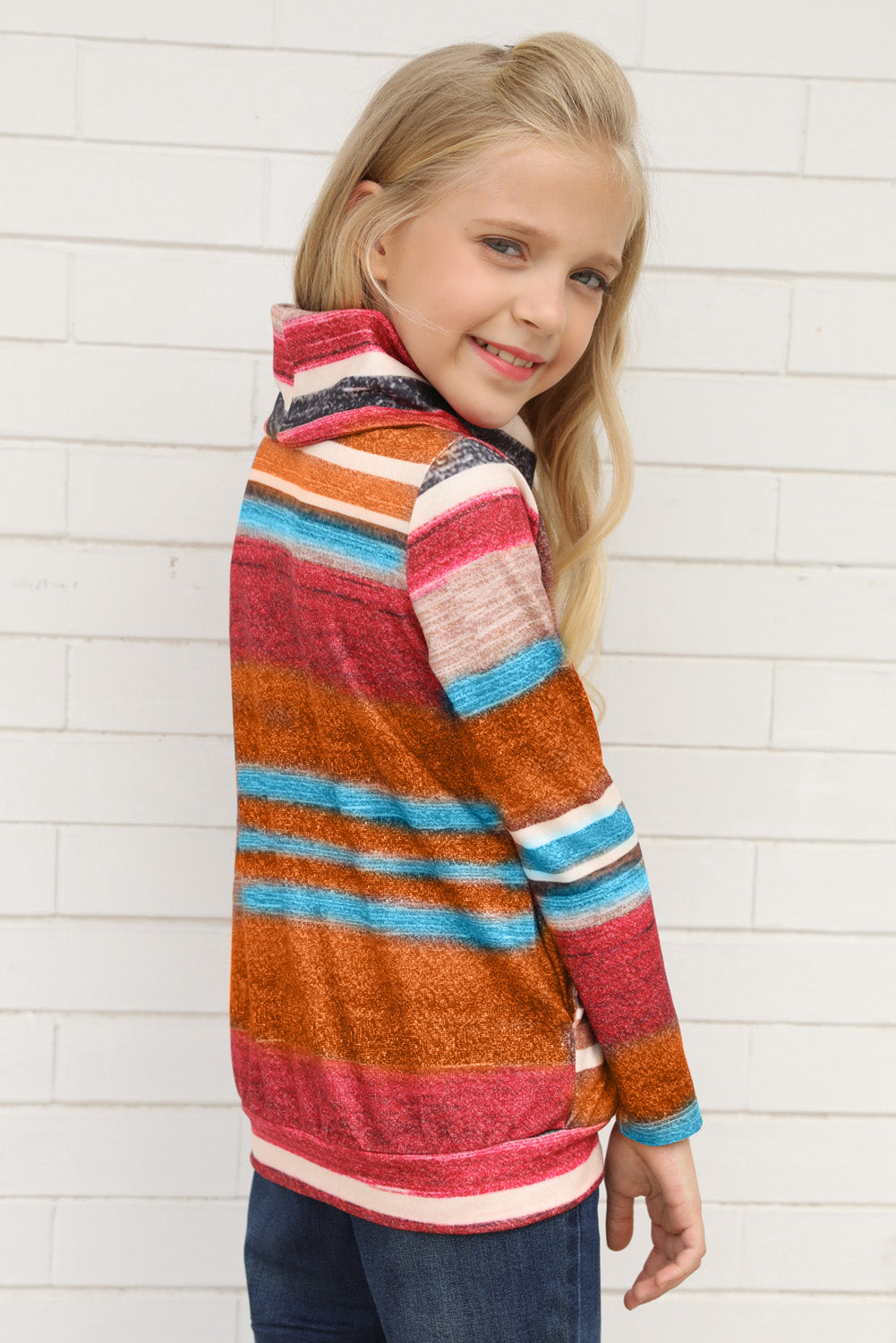 Multicolor Cowl Neck Girl's Striped Sweatshirt