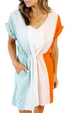 Color Block Tie Waist Rolled Short Sleeve Mini Dress with Pocket