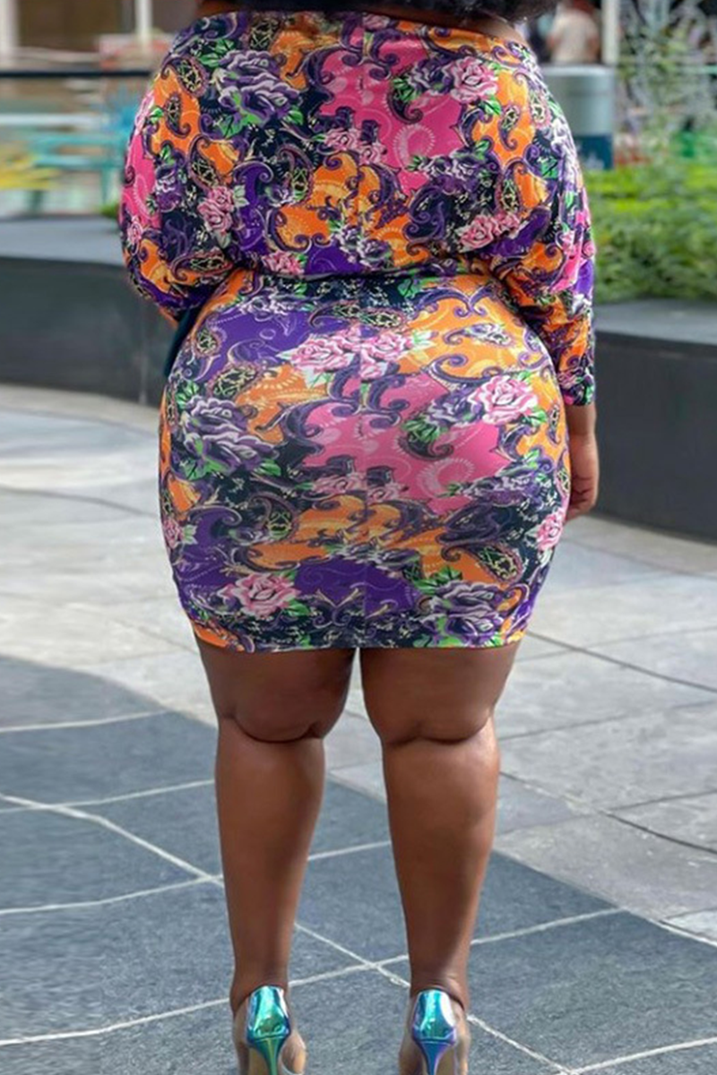 Purple Sexy Print Split Joint O Neck Pencil Skirt Plus Size Dresses
