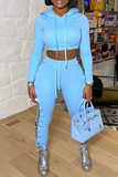 Sky Blue Sexy Solid Split Joint Hooded Collar Long Sleeve Two Pieces