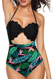 Solid Color Bodice Floral Panty Swim Maillot