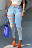 Light Blue Street Solid Ripped Mid Waist Skinny Denim Jeans