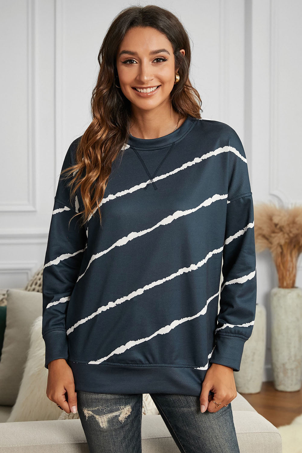 Striped Tie-dye Print Navy Sweatshirt with Slits