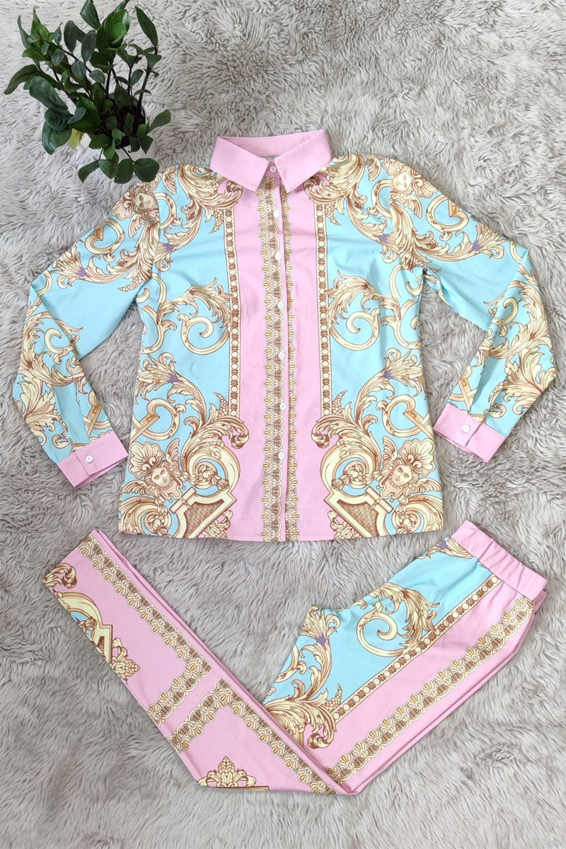 Pink Fashion Casual Print Basic Turndown Collar Long Sleeve Two Pieces