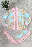 Pink Fashion Casual Print Basic Turndown Collar Long Sleeve Two Pieces