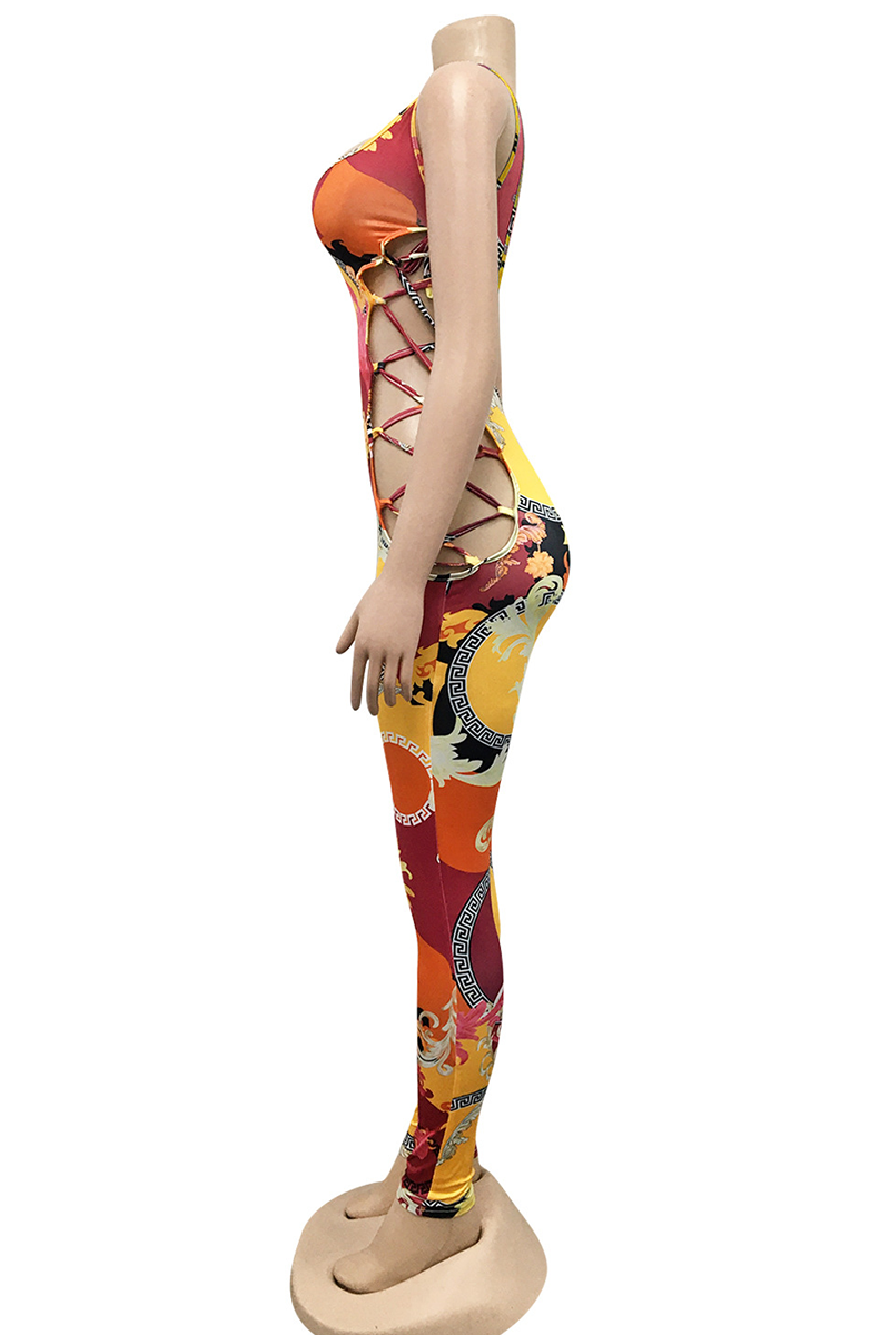 Rose Red Sexy Print Hollowed Out V Neck Skinny Jumpsuits