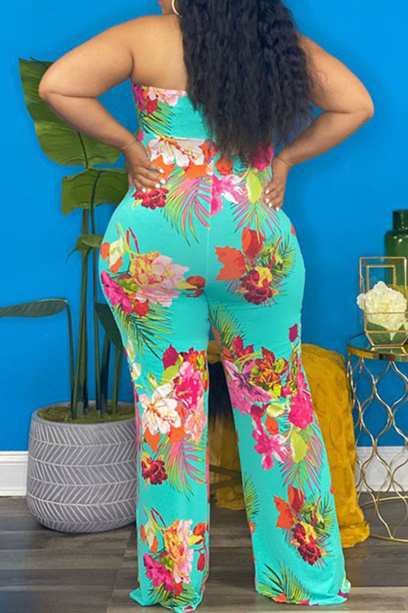 Fluorescent Green Sexy Print Hollowed Out Asymmetrical Strapless Plus Size Jumpsuits