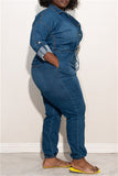 Dark Blue Fashion Casual Solid Hollowed Out Split Joint Chains Turndown Collar Plus Size Jumpsuits