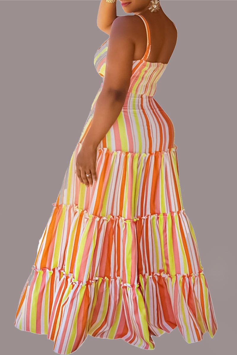 Colour Casual Striped Split Joint Off the Shoulder Cake Skirt Plus Size Dresses