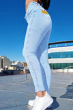 Medium Blue Fashion Casual Print Basic High Waist Skinny Jeans