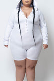 White Casual Living Solid Split Joint Hooded Collar Plus Size Romper