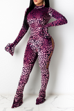 Purple Sexy Leopard Hollowed Out Half A Turtleneck Skinny Jumpsuits