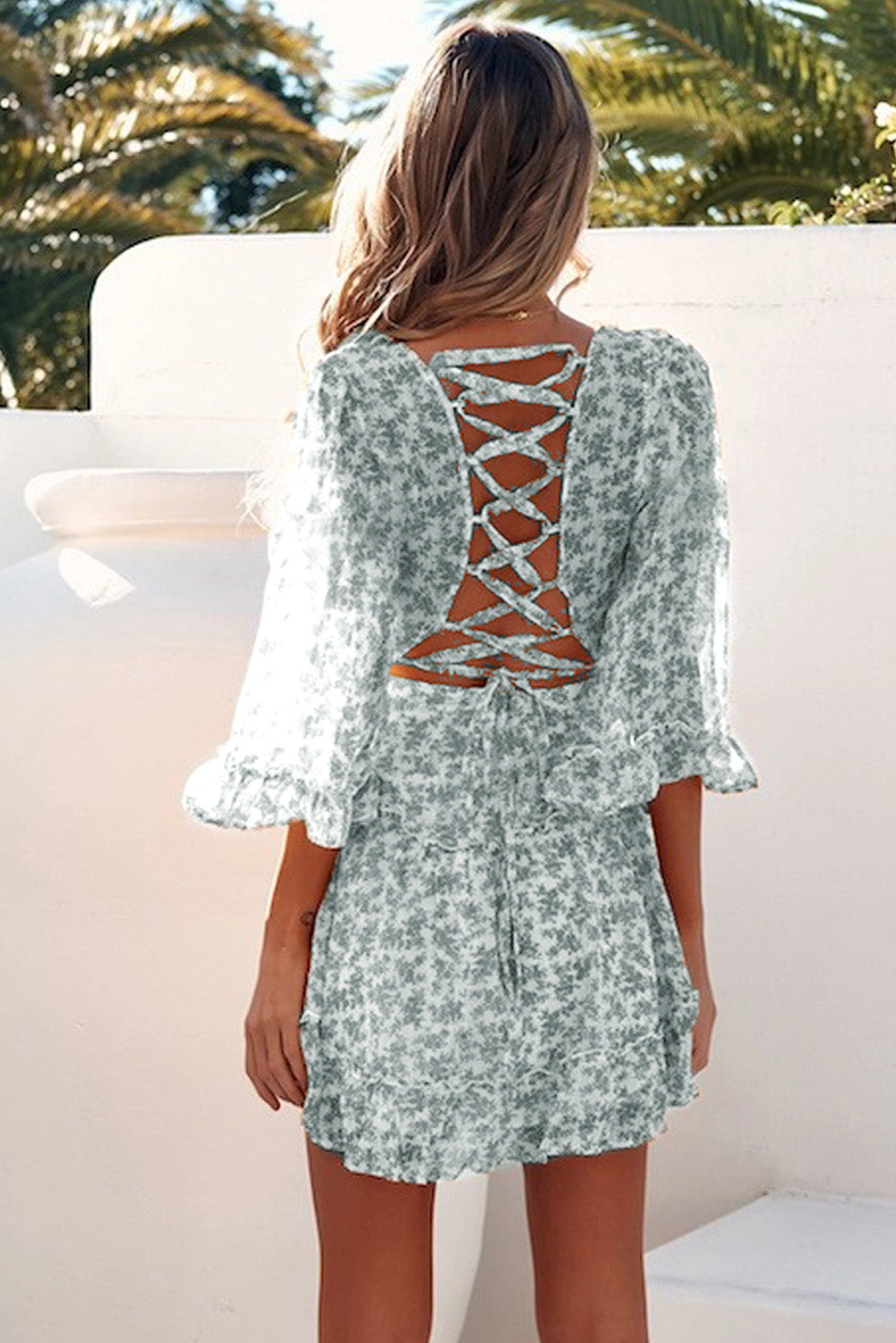 Lace-up Back Ruffled Floral Print Dress