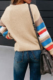 Crew Neck Lantern Sleeve Striped Color Block Sweater