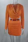 Tangerine Celebrities Solid Split Joint Fold V Neck Long Sleeve Two Pieces