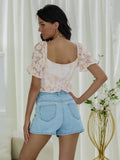 floral cutout smocked cropped top