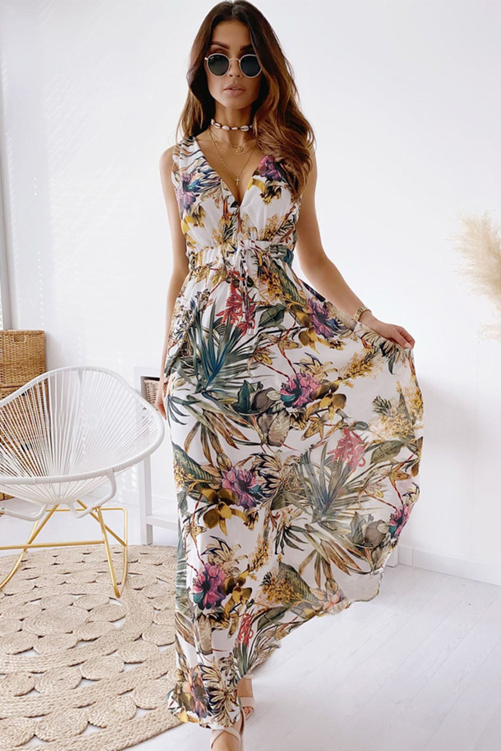 Floral Printed V Neck Open Back Sleeveless Maxi Dress
