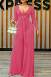 Pink Sexy Solid Split Joint V Neck Loose Jumpsuits