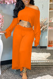 Tangerine Red Casual Solid Split Joint O Neck Long Sleeve Two Pieces