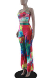 Multi-color Sexy Print Split Joint Spaghetti Strap Sleeveless Two Pieces