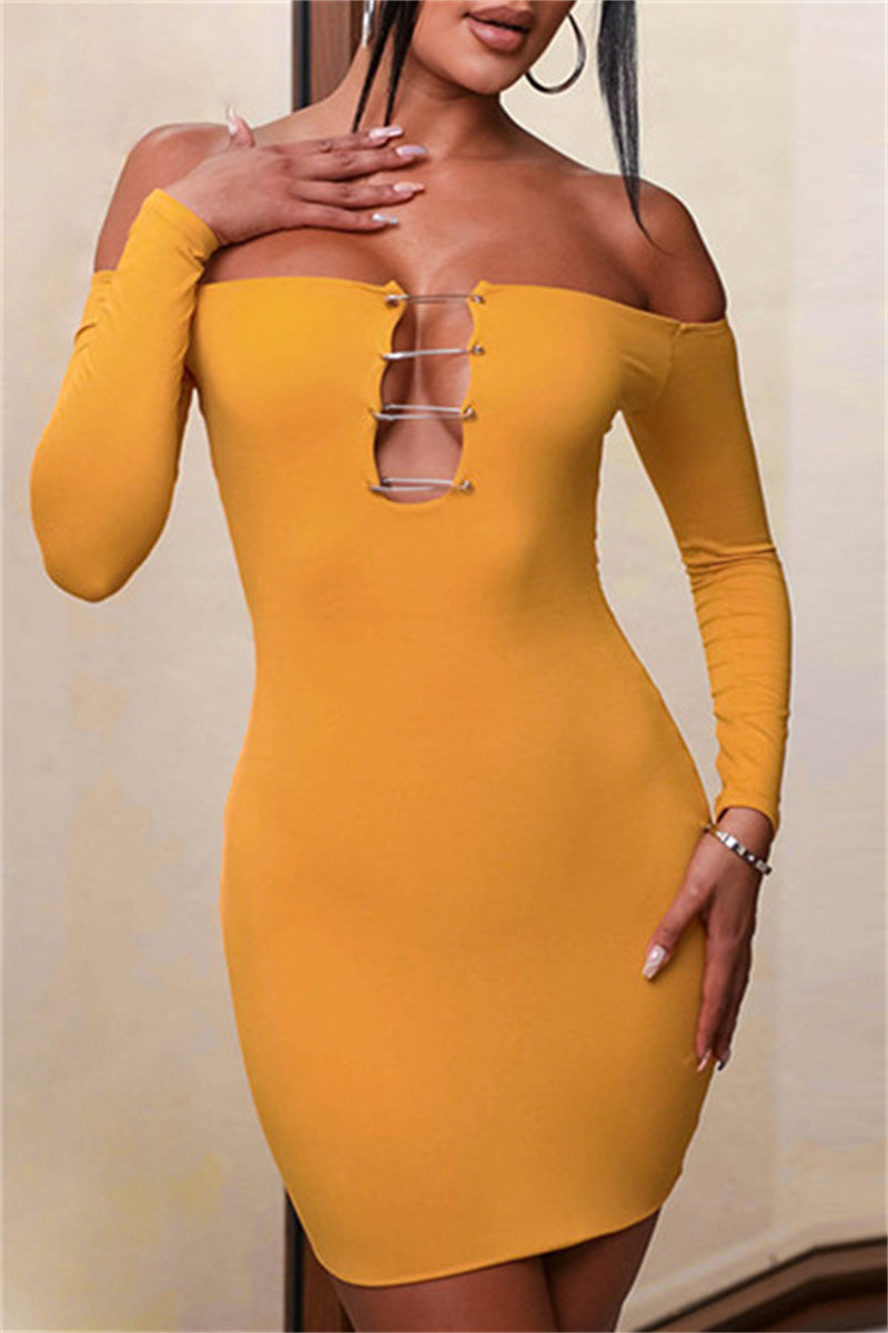 Yellow Fashion Sexy Solid Hollowed Out Backless Off the Shoulder Long Sleeve Dresses