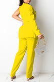 Yellow Work Solid Split Joint With Belt V Neck Long Sleeve Two Pieces