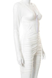 Cream White Sexy Solid Split Joint See-through Fold Mesh V Neck Skinny Jumpsuits